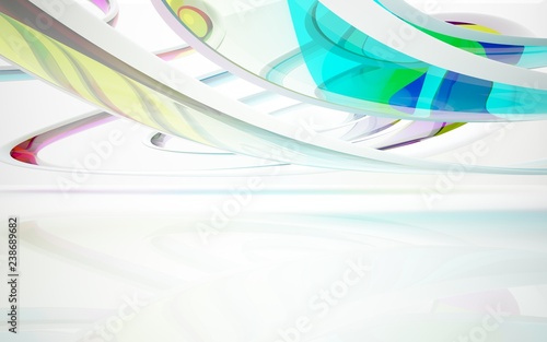 abstract architectural interior with colored smooth glass sculpture. 3D illustration and rendering