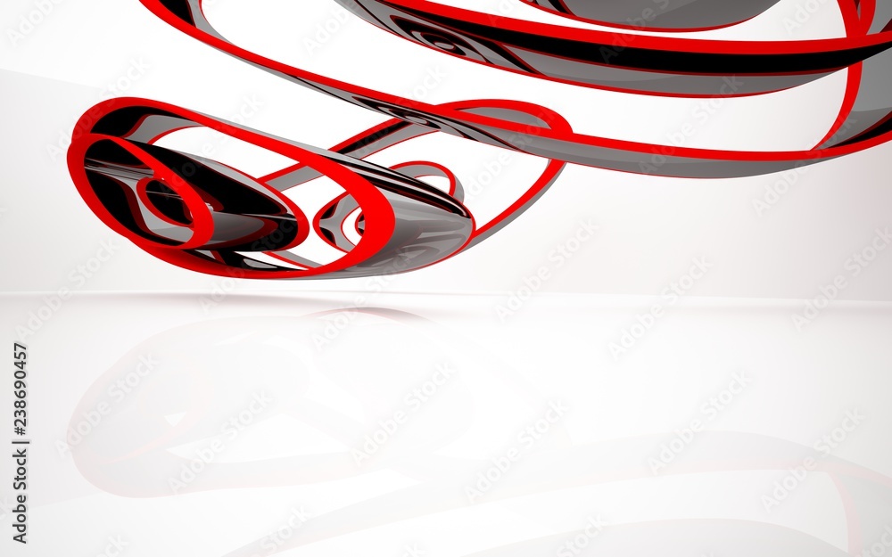 Abstract dynamic white interior with black and red smooth objects. 3D illustration and rendering Abstract dynamic white interior with black and red smooth objects. 3D illustration and rendering