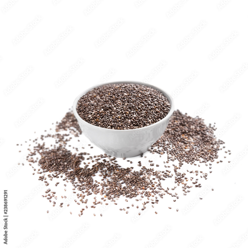 Chia superfood in ceramic bowl scattered seeds Chia superfood in ceramic bowl scattered seeds