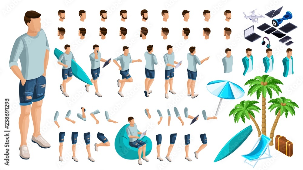 Isometric Set of gestures of hands and feet of a male 3d teenager, rest guy in summer clothes. Create your character for vector illustrations