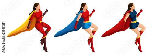 Isometry set of superhero girls in suits, fly, 3D characters, heroes, rescuers. Vector illustration