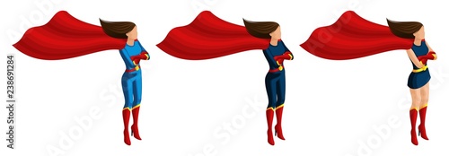 Isometric set of superhero girls in costumes, look after the order, guard the city, cloak and hair develops, 3D characters, heroes, rescuers. Vector illustration