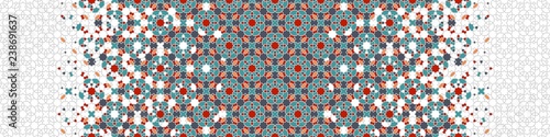 Arabesque seamless vector pattern. Geometric halftone texture with color tile disintegration or breaking