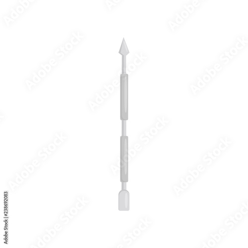 Flat vector icon of steel double-ended cuticle pusher and spoon for nail cleaner. Tool for manicure and pedicure