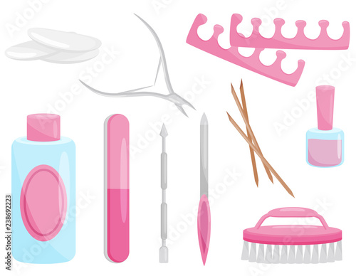 Flat vector set of manicure and pedicure tools. Professional instruments for nail care. Beauty theme