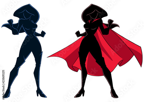 Silhouette illustration of determined super heroine ready for battle, isolated on white background for copy space.