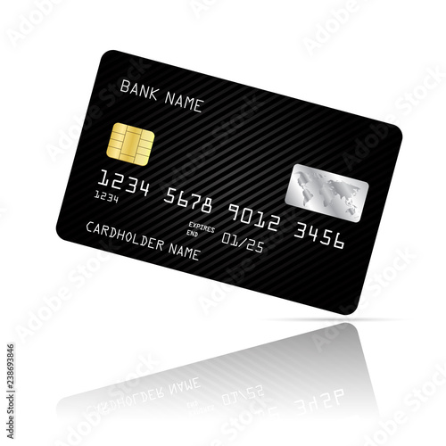 Realistic detailed credit card with black abstract design isolated on white background