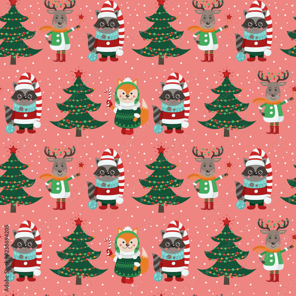 Seamless pattern with forest animals and Christmas items Seamless pattern with forest animals and Christmas items
