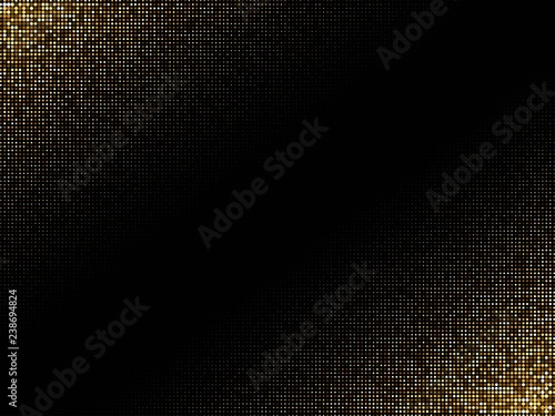 Golden shiny halftone effect pattern. Gold glitter dots texture. Dots pop art background. Yellow brown dots on black Background. Random color gradient vector, gold ornament. Abstract design element