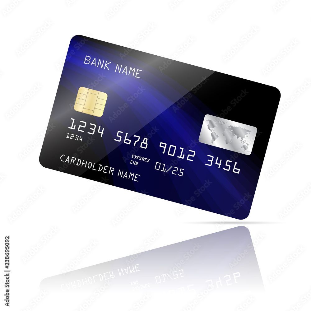 Realistic detailed credit card with blue wave abstract design isolated on white background Realistic detailed credit card with blue wave abstract design isolated on white background