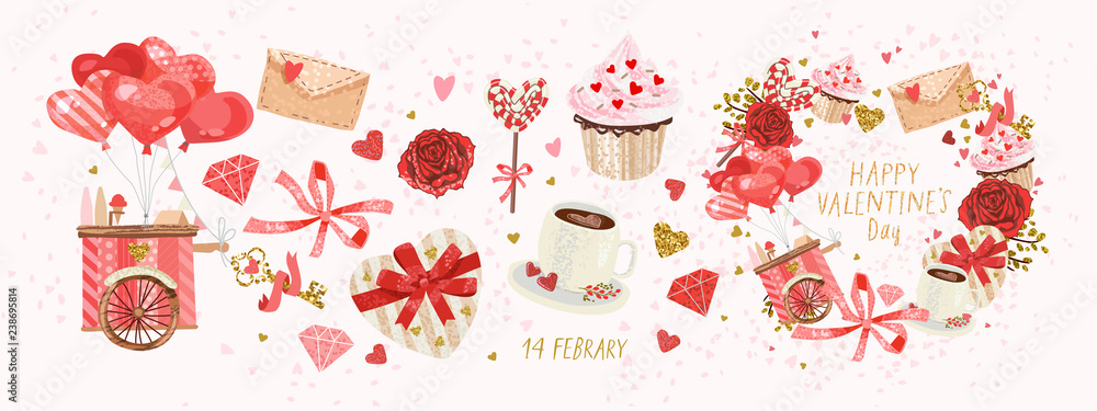 Vector cute objects and elements for Valentine's Day cards: heart, sweets, coffee, cake, key, candy, letter, diamond, rose, lollipop, ice cream cart - obrazy, fototapety, plakaty 