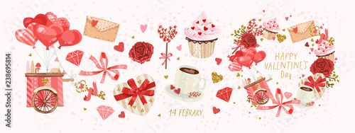 Vector cute objects and elements for Valentine's Day cards: heart, sweets, coffee, cake, key, candy, letter, diamond, rose, lollipop, ice cream cart