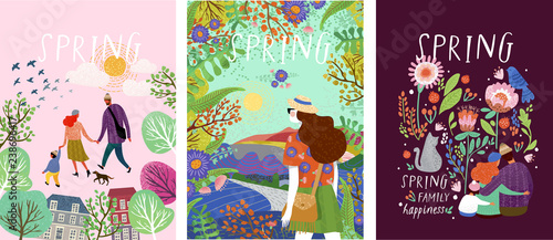cute posters of spring time, vector drawn illustrations of a happy family in nature, girls against a landscape and a family with a pet cat surrounded by floral patterns