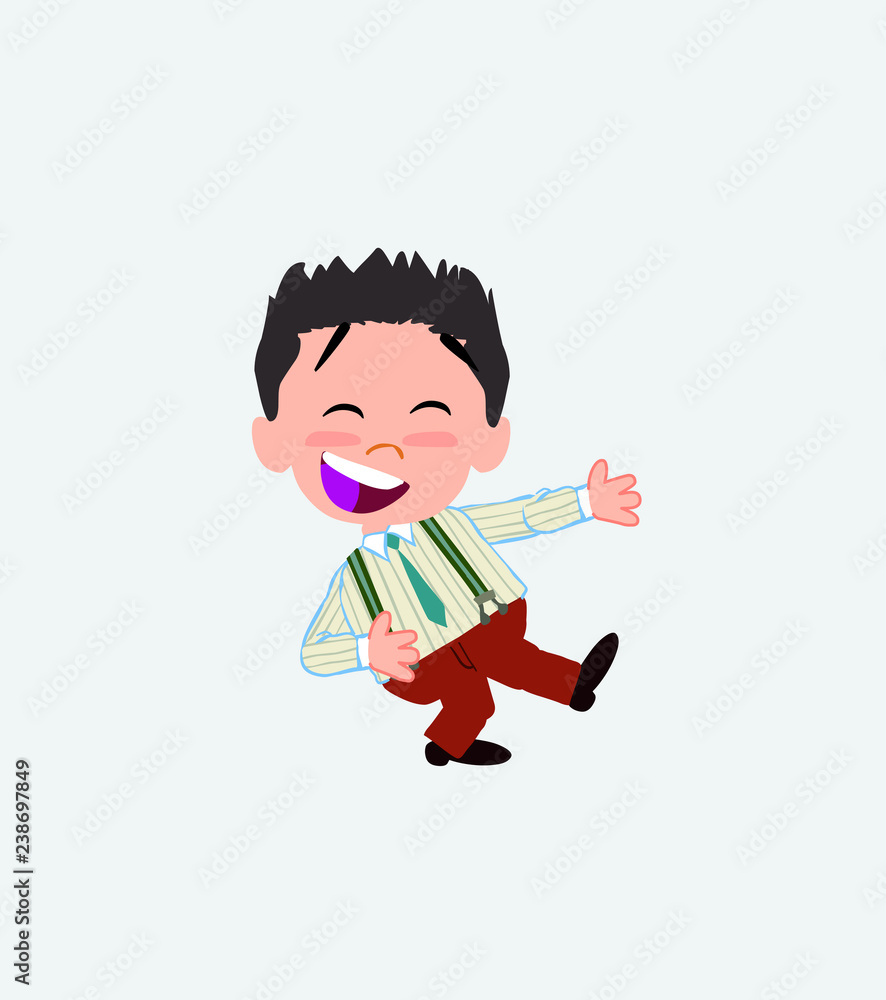 Businessman in casual style laughing while teaching something to his left. 