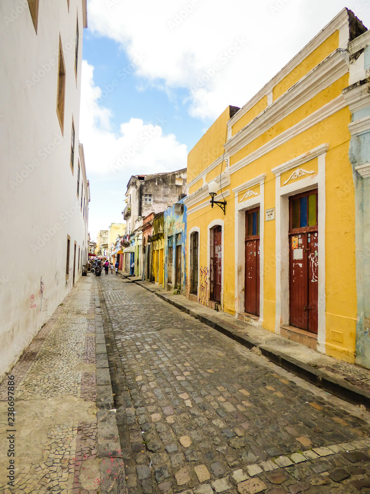 Recife, Brazil - Circa December 2018: Facade of old houses and shops in the historic center of Recife, capital of Pernambuco