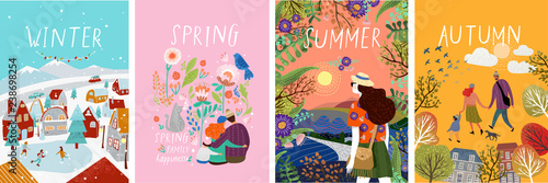 posters of seasons: winter, spring, summer, autumn; illustrations of a family in nature, girl in a landscape, a family with a cat in flowers and a city street with a skating rink and people
