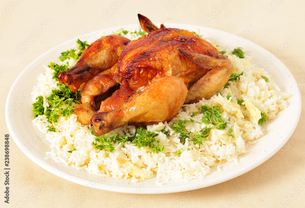 Roast chicken and rice side view
