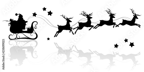Santa Claus silhouette riding a sleigh with deers. Vector image on isolated white background