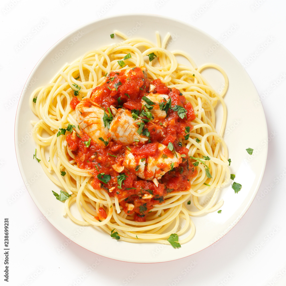 Spaghetti with fish in arrabbiata sauce from above