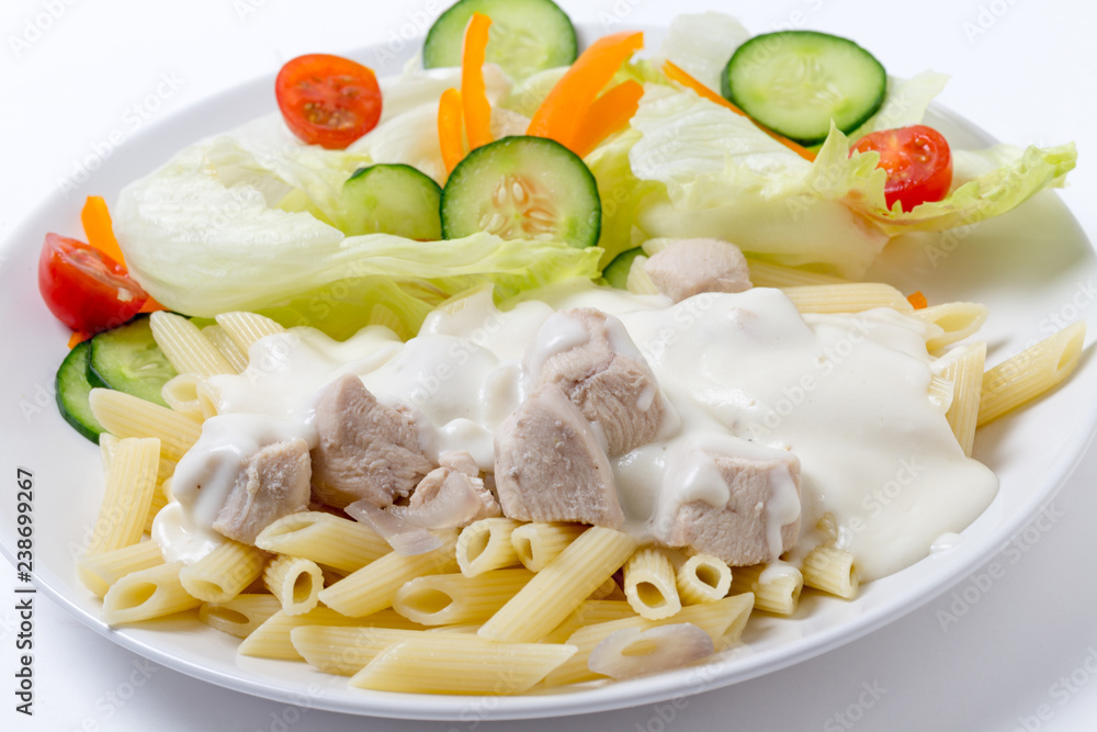 Chicken and pasta with white sauce side view Chicken and pasta with white sauce side view