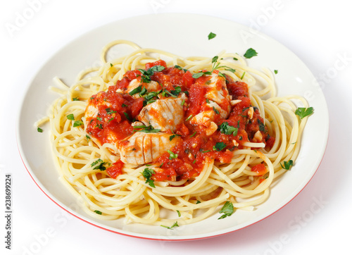 Spaghetti with fish in arrabbiata sauce