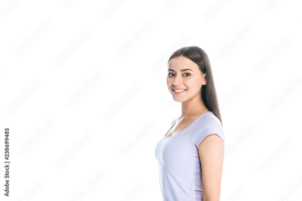 side view of attractive cheerful young woman isolated on white side view of attractive cheerful young woman isolated on white