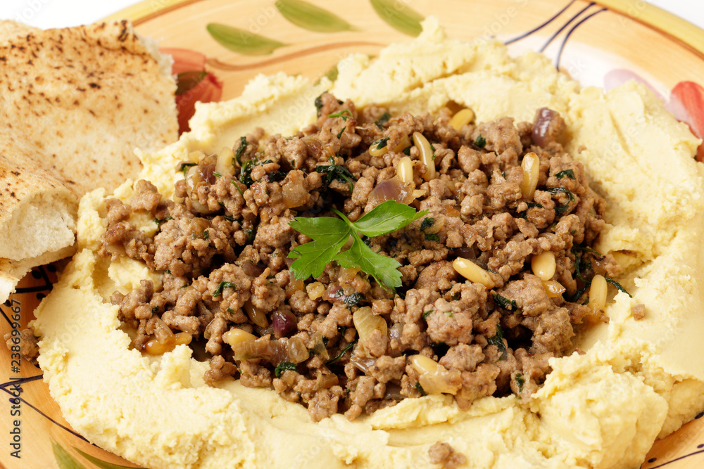 Hummus with meat and bread Hummus with meat and bread