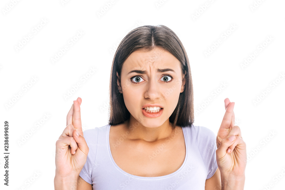 portrait of emotional woman gesturing isolated on white portrait of emotional woman gesturing isolated on white
