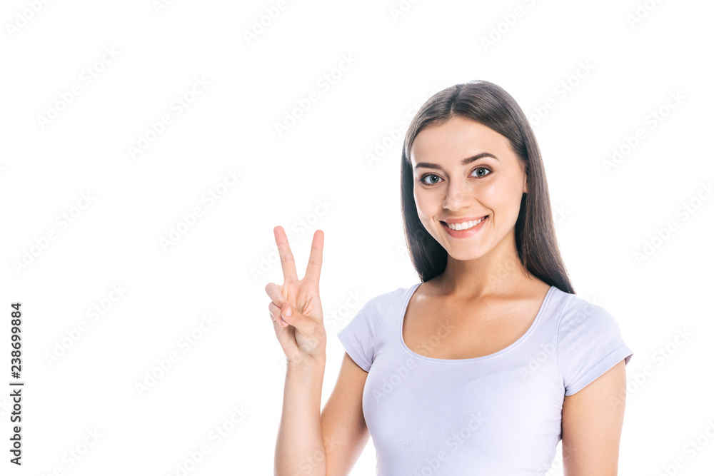 portrait of cheerful woman showing peace sign isolated on white portrait of cheerful woman showing peace sign isolated on white