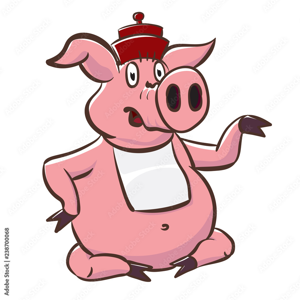Cute pig in hat and bib shows a little teapot. Pink piggy cartoon character vector stock illustration. Cute pig in hat and bib shows a little teapot. Pink piggy cartoon character vector stock illustration.