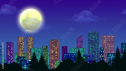 Fullhd 1920x1080 Progressive Seamlessly Looping Video of Fast Passing by Night City, Urban Landscape with Skyscrapers and Park Trees Under Starry Sky with Great Bright Moon. Animated Background