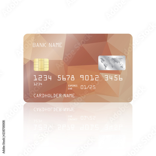 Realistic detailed credit card with biege geometric triangular design isolated on white background