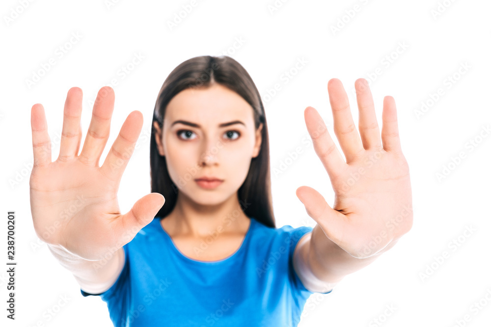portrait of serious woman with outstretched hands isolated on white portrait of serious woman with outstretched hands isolated on white