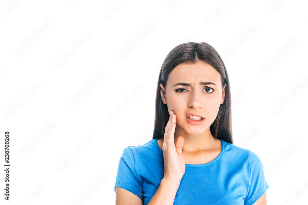 portrait of young woman having toothache isolated on white portrait of young woman having toothache isolated on white