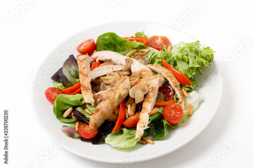 Chicken and mushroom salad plate side view