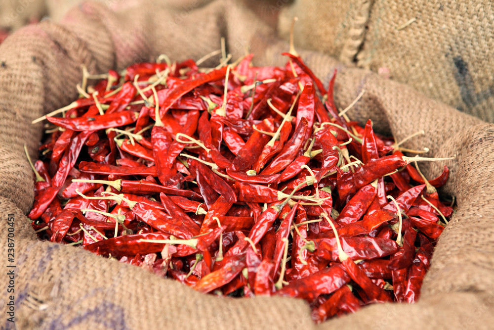 Fototapeta premium Sack of red chillies at Connemara Market, Trivandrum, India