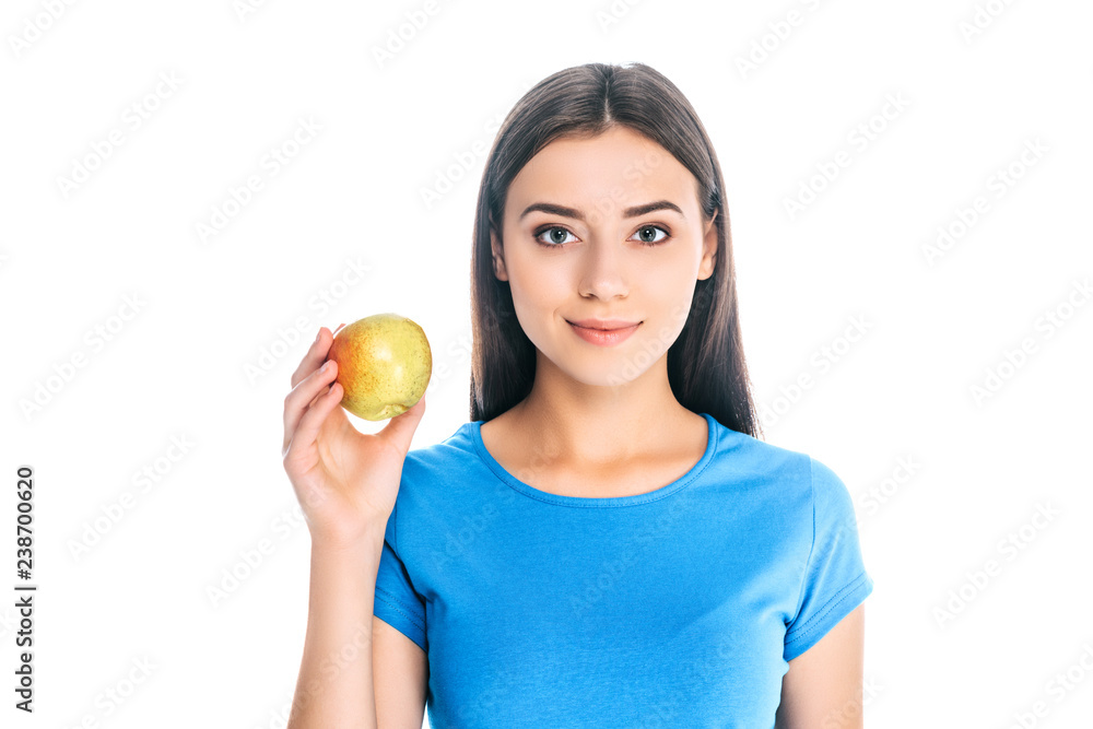 portrait of attractive young woman holding fresh apple isolated on white portrait of attractive young woman holding fresh apple isolated on white