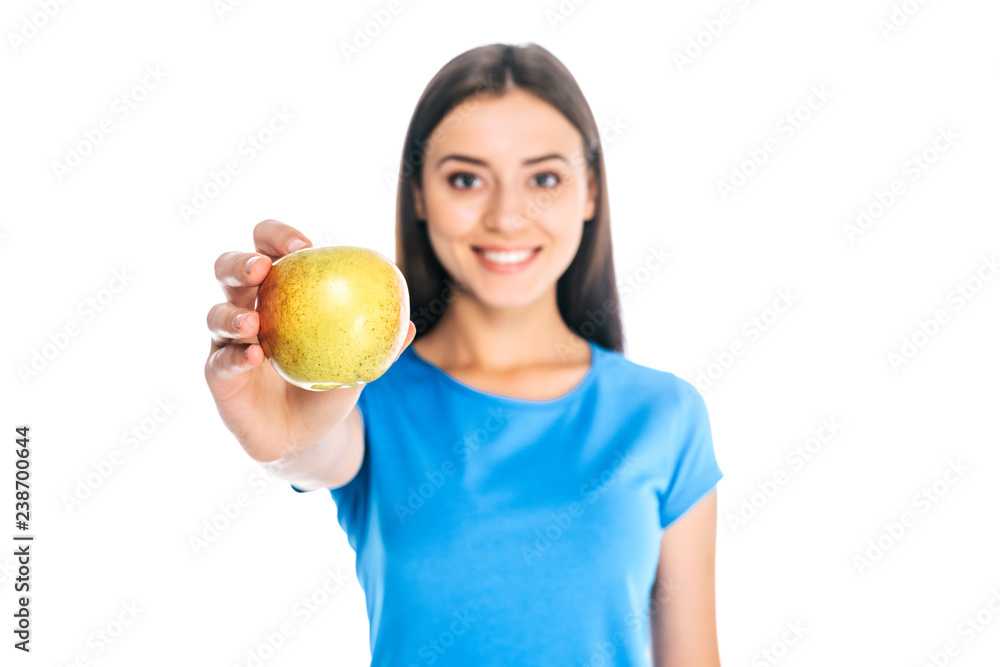 portrait of smiling woman holding fresh apple isolated on white portrait of smiling woman holding fresh apple isolated on white