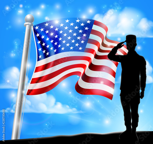 A patriotic soldier saluting standing in front of an American flag background