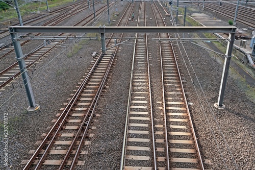 TOP view on Railroad Tracks, Cargo train platform. Empty Railways , freight train railway carriag.