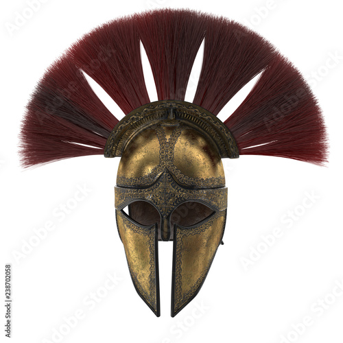 Spartan helmet with plumage on an isolated white background. 3d illustration