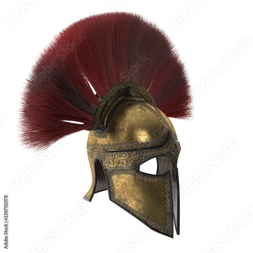Spartan helmet with plumage on an isolated white background. 3d illustration