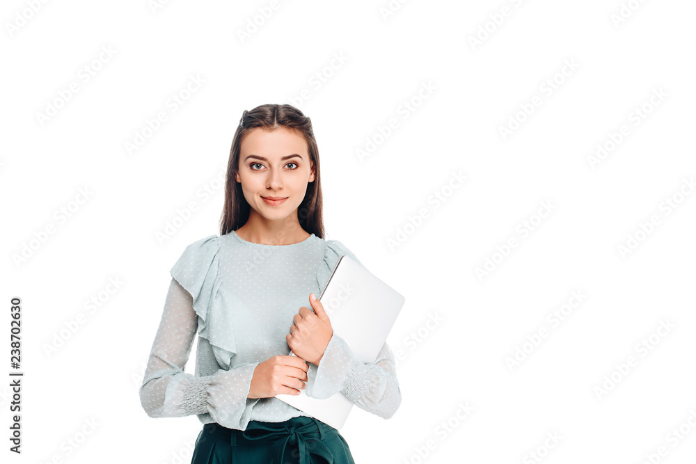 portrait of young smiling woman with laptop isolated on white portrait of young smiling woman with laptop isolated on white