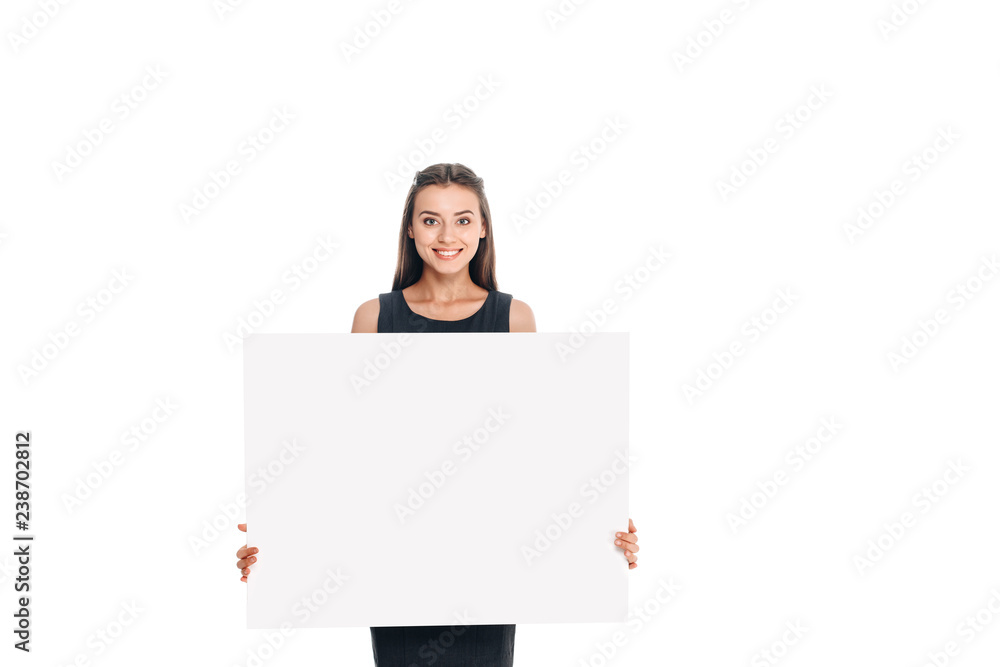 portrait of smiling young woman with blank banner isolated on white portrait of smiling young woman with blank banner isolated on white