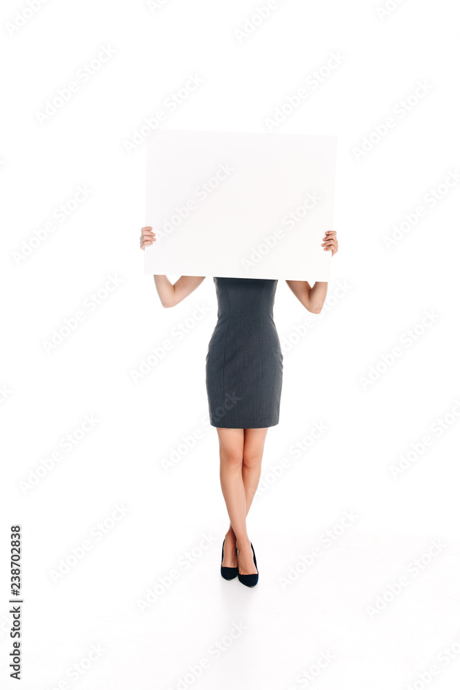 obscured view of woman holding blank banner isolated on white obscured view of woman holding blank banner isolated on white