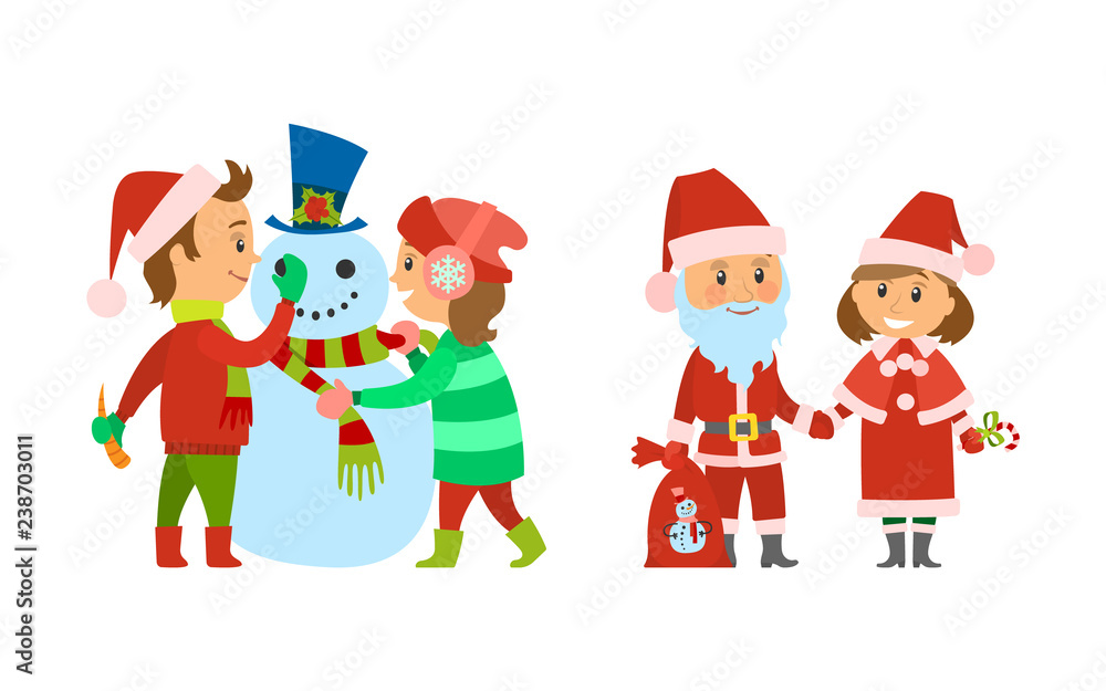 Santa Claus with Presents Bag and Female Helper