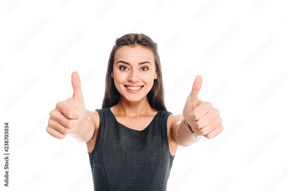 portrait of smiling woman in stylish black dress showing thumbs up isolated on white portrait of smiling woman in stylish black dress showing thumbs up isolated on white