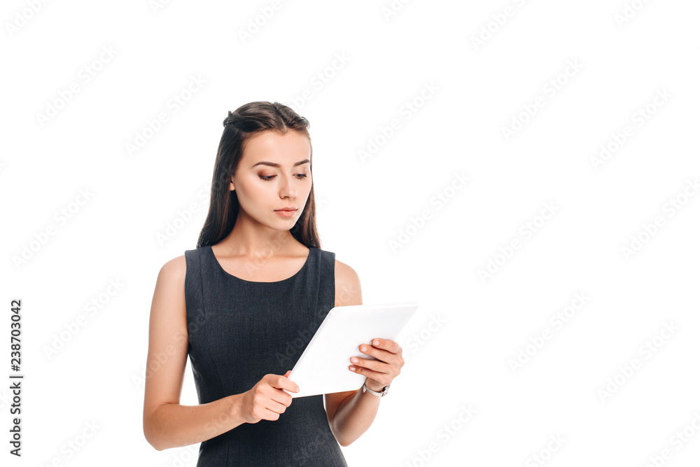 portrait of stylish woman using tablet isolated on white portrait of stylish woman using tablet isolated on white