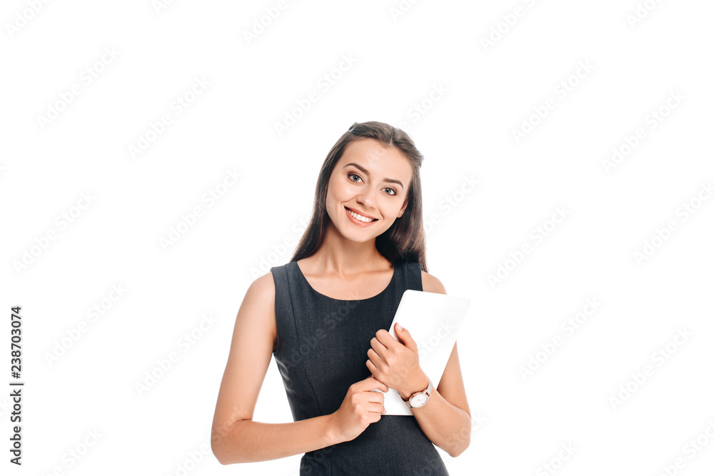 portrait of smiling stylish woman with tablet isolated on white portrait of smiling stylish woman with tablet isolated on white