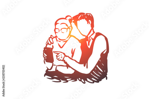 The young man learns to use phone the old woman concept. Hand drawn sketch isolated illustration